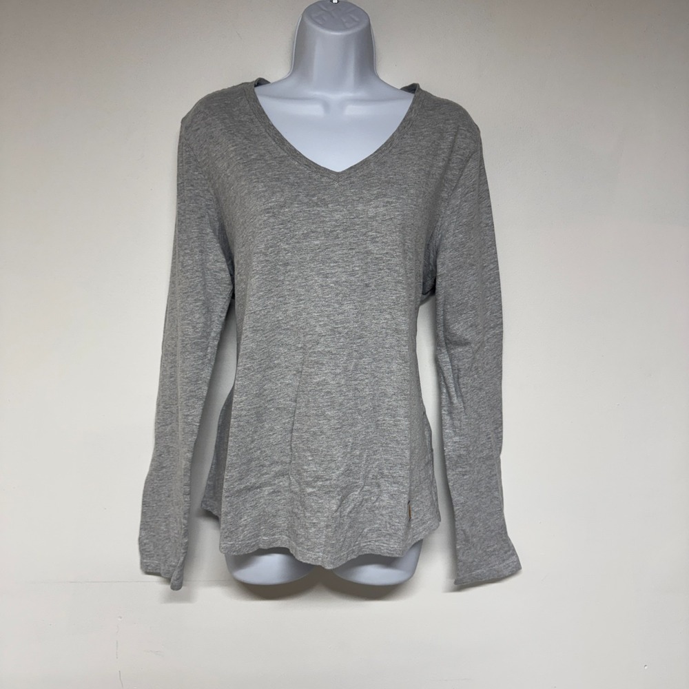 Carhartt Womens Gray Long Sleeve V-Neck T-Shirt Size L Logo Casual Cotton Knit